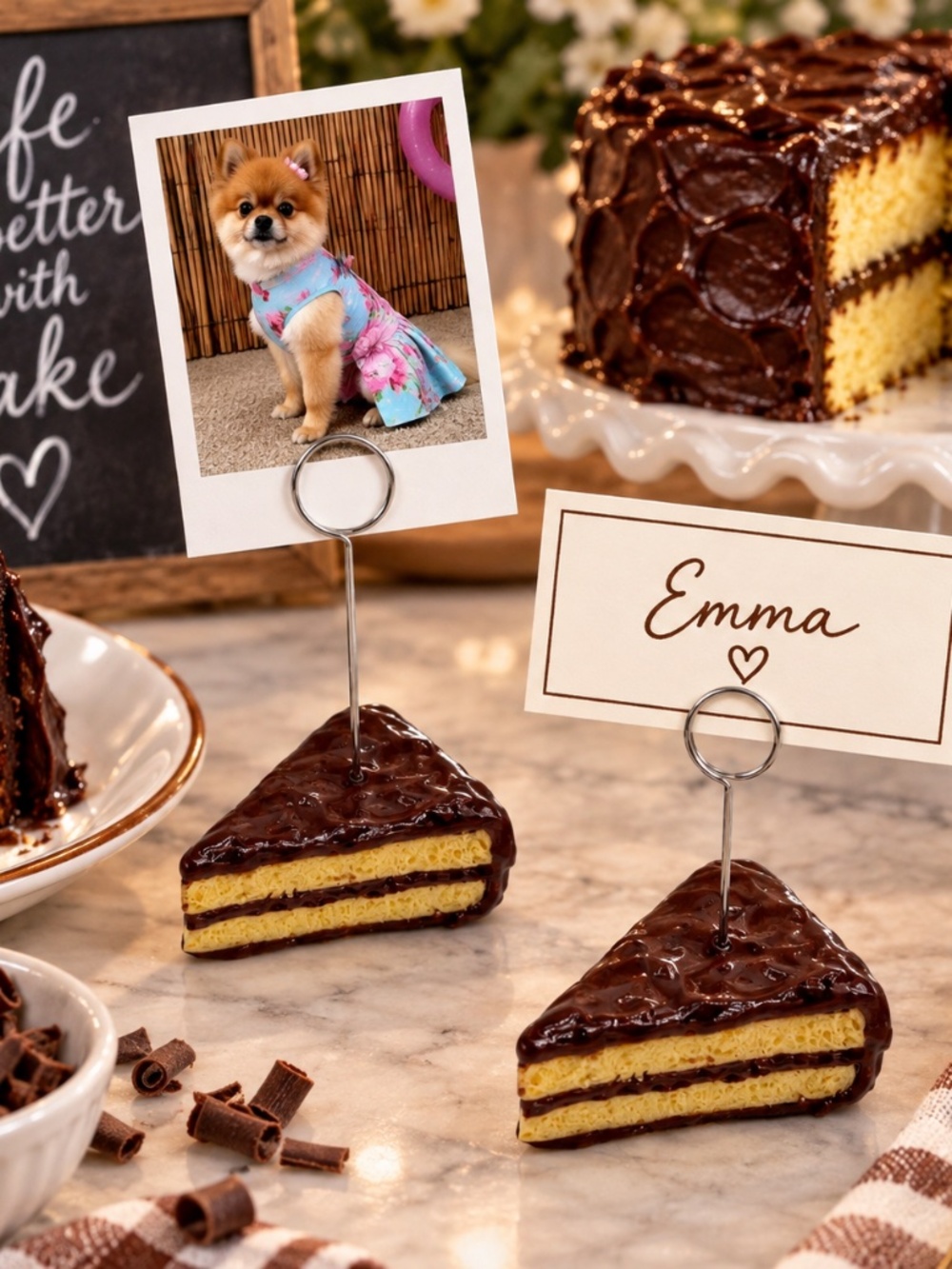 Yellow Cake with Chocolate Icing Place Card & Photo Holder Set of 2 | Handmade